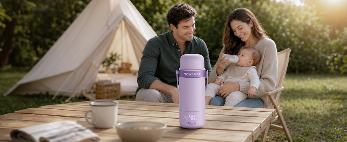 Family feeds a baby beside the purple warmer at a campsite