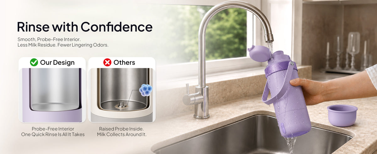 Parent rinses the purple NurtureWise warmer under a kitchen faucet