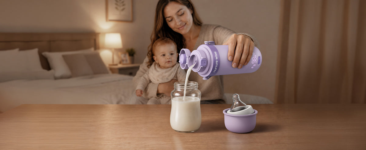 Parent prepares a bottle with the purple warmer during a night feed