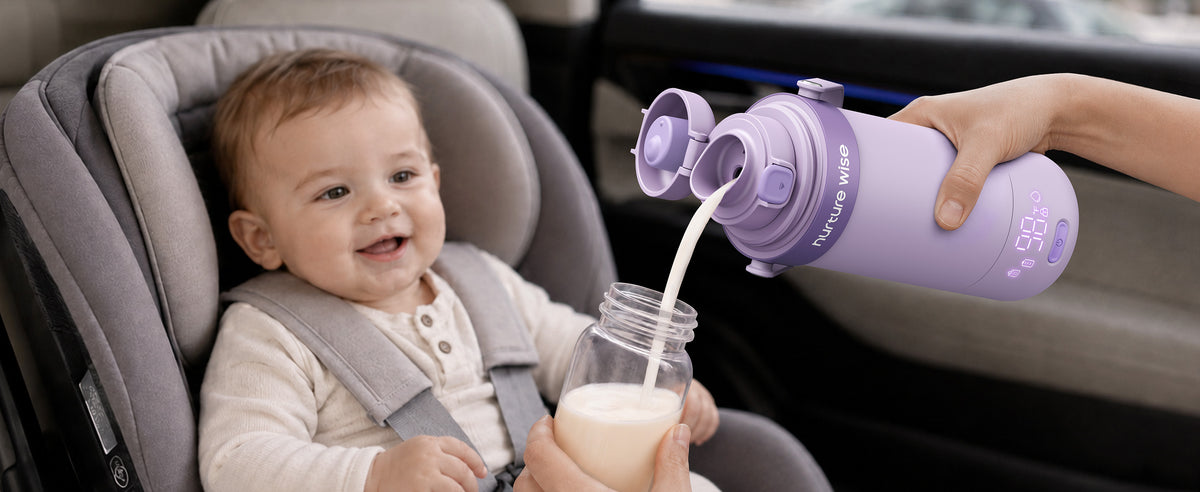 Adult pours milk from purple warmer beside baby in car seat
