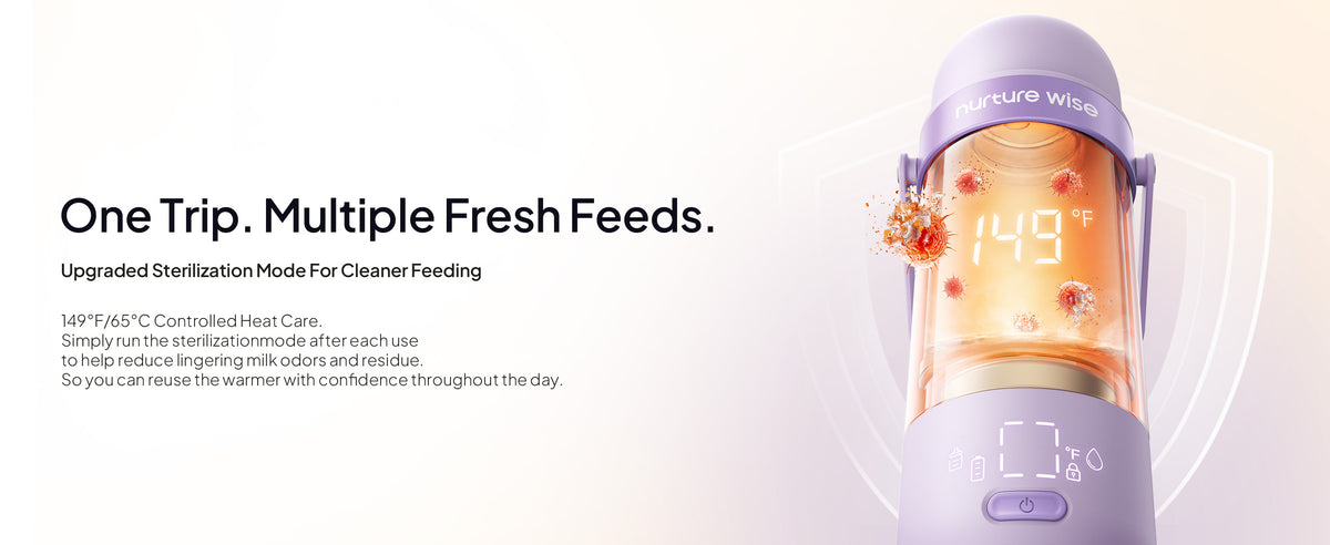 Purple NurtureWise warmer displaying its built-in sterilization mode